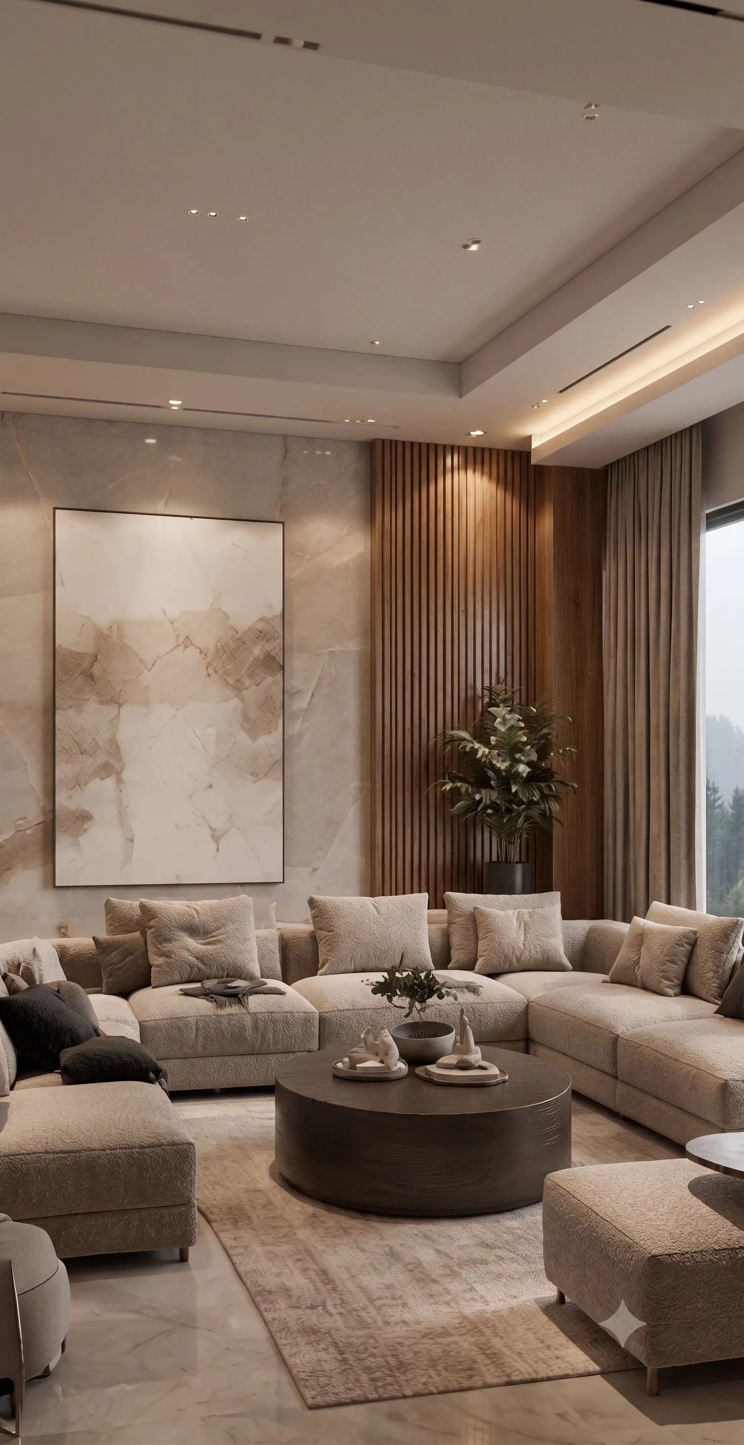Residential living room with layered seating and slatted timber wall