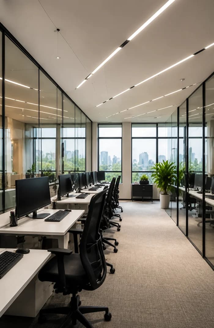 A workplace interior designed by the studio, glazed to a city view