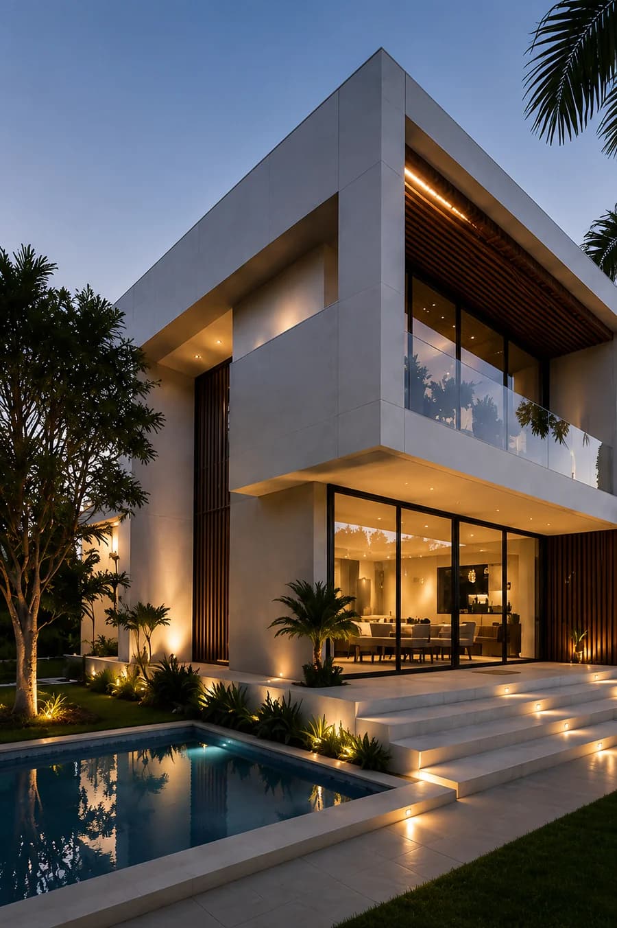 A Forty Seven Interiors residence illuminated at dusk